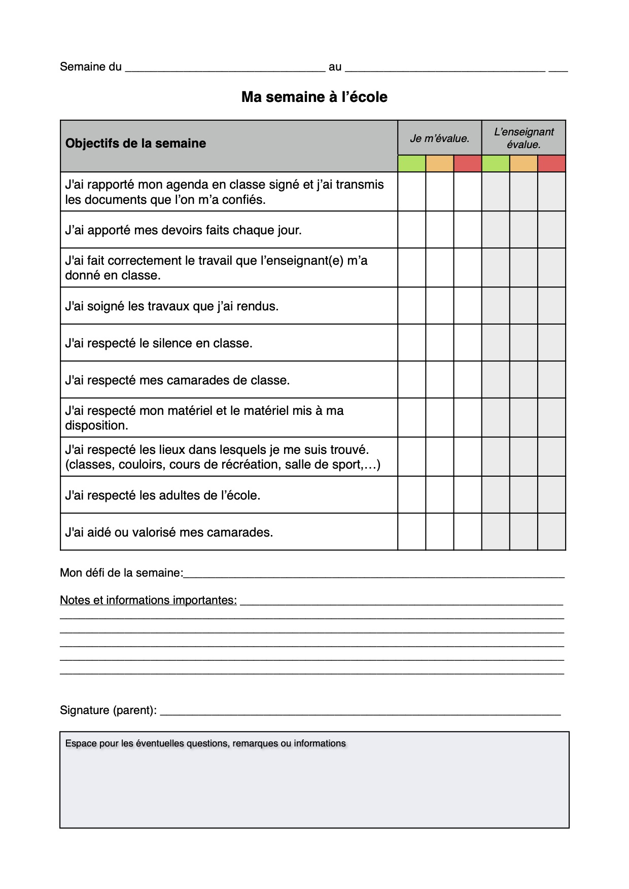 Fiche de devoirs hebdo