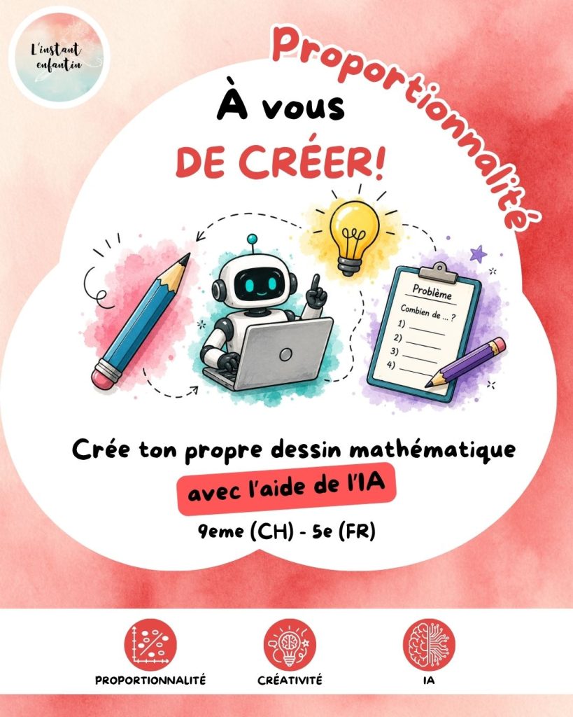 Activité inclusive de mathématiques permettant aux élèves de créer leurs propres problèmes de proportionnalité, de collaborer et d'utiliser l'intelligence artificielle comme outil de réflexion.