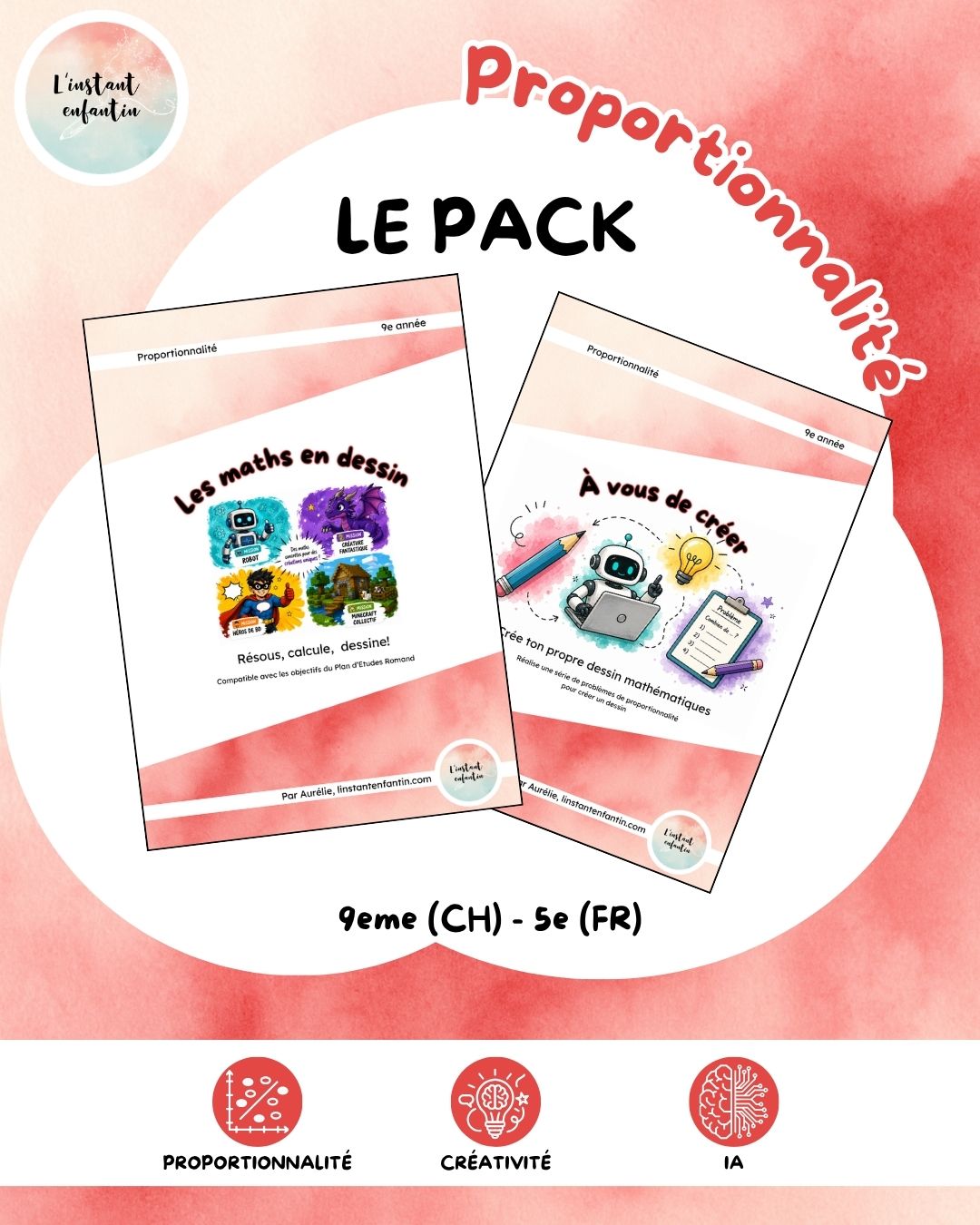 Pack pédagogique de proportionnalité pour la 9H comprenant des activités de résolution de problèmes, des dessins à construire et une extension de création avec utilisation réfléchie de l'intelligence artificielle.